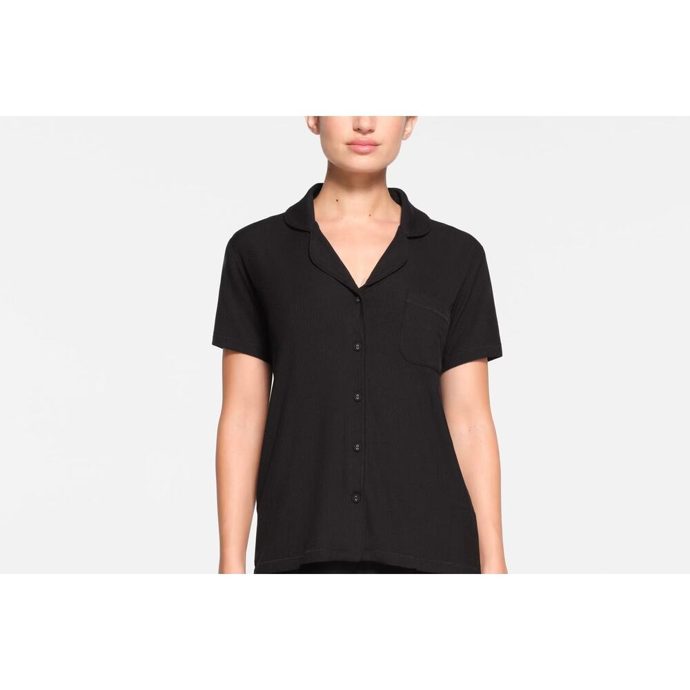 Skims Black Ribbed Loungewear Button Front Soft Lounge Sleep Shirt‎ Size Small